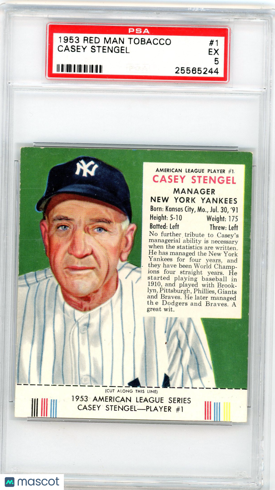 1953 Red Man Tobacco Casey Stengel #1 PSA 5