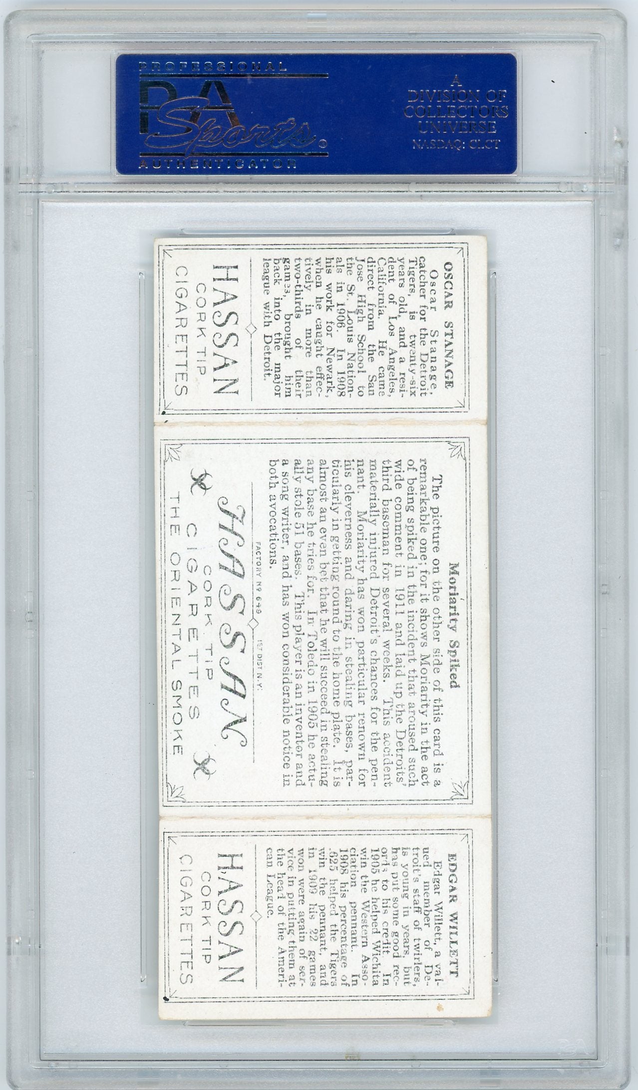 1912 T202 Hassan Triple Folder O. Stanage E. Willett Moriarity Spiked PSA 5 MC