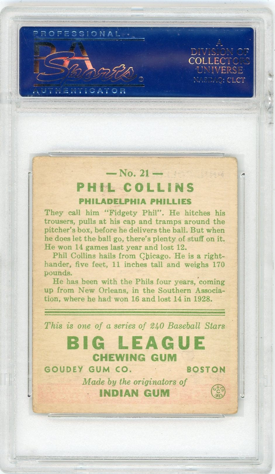1933 Goudey Phil Collins #21 PSA 4