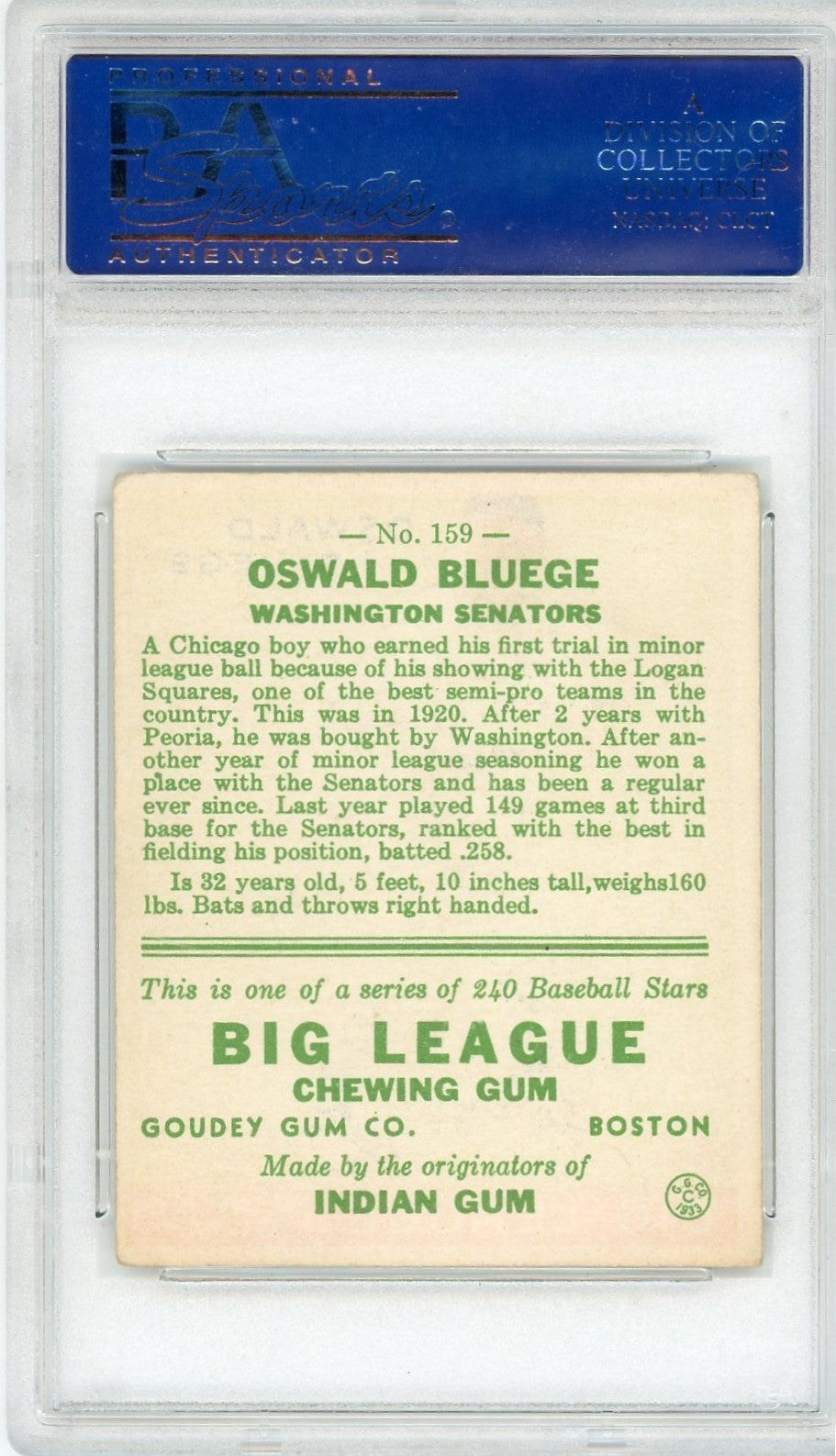 1933 Goudey Oswald Bluege #159 PSA 3