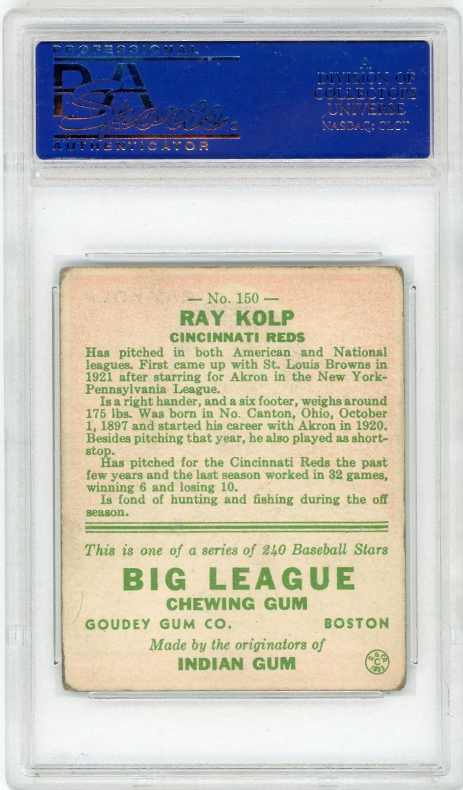 1933 Goudey Ray Kolp #150 PSA 3