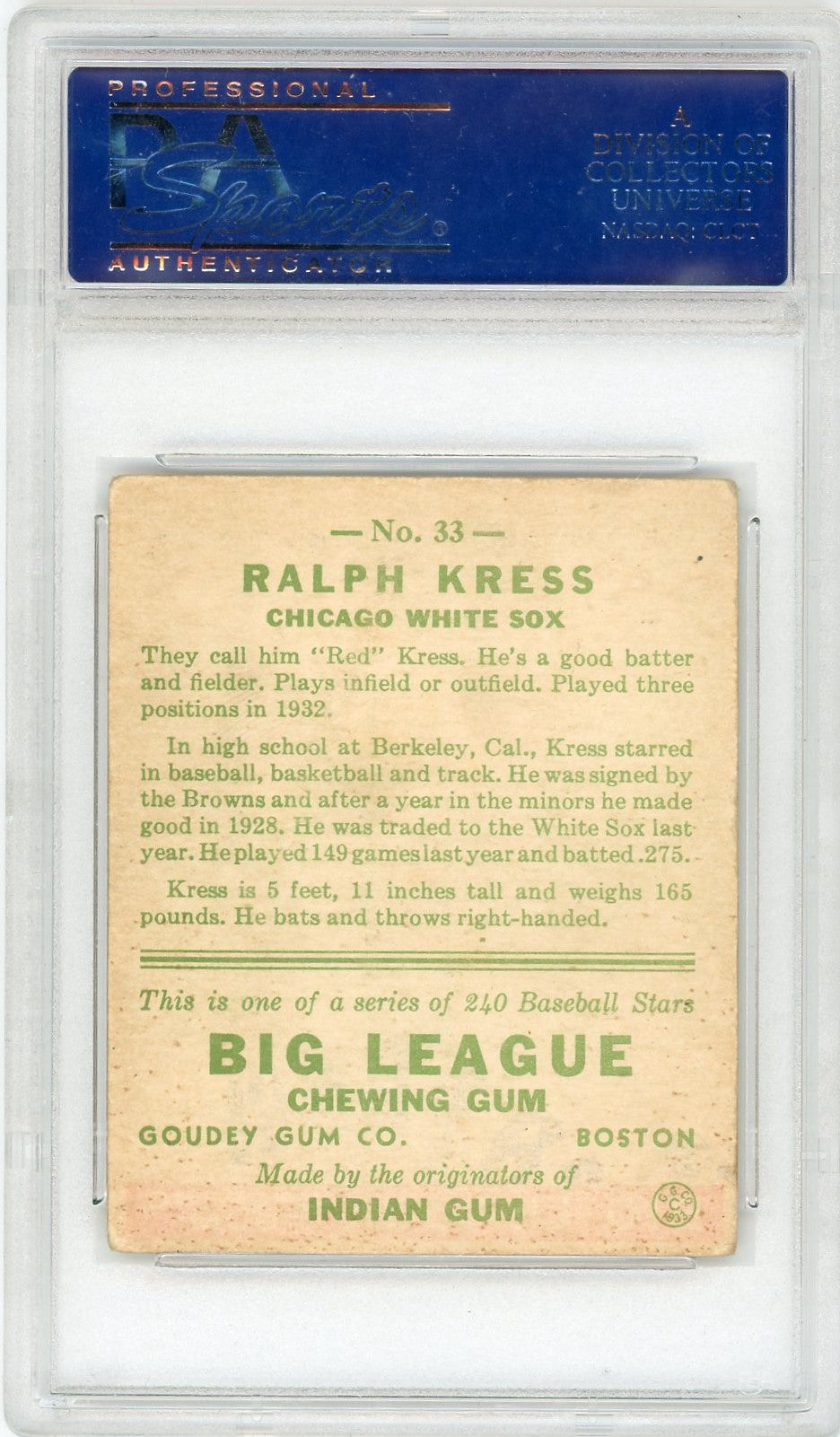 1933 Goudey Ralph Kress #33 PSA 4
