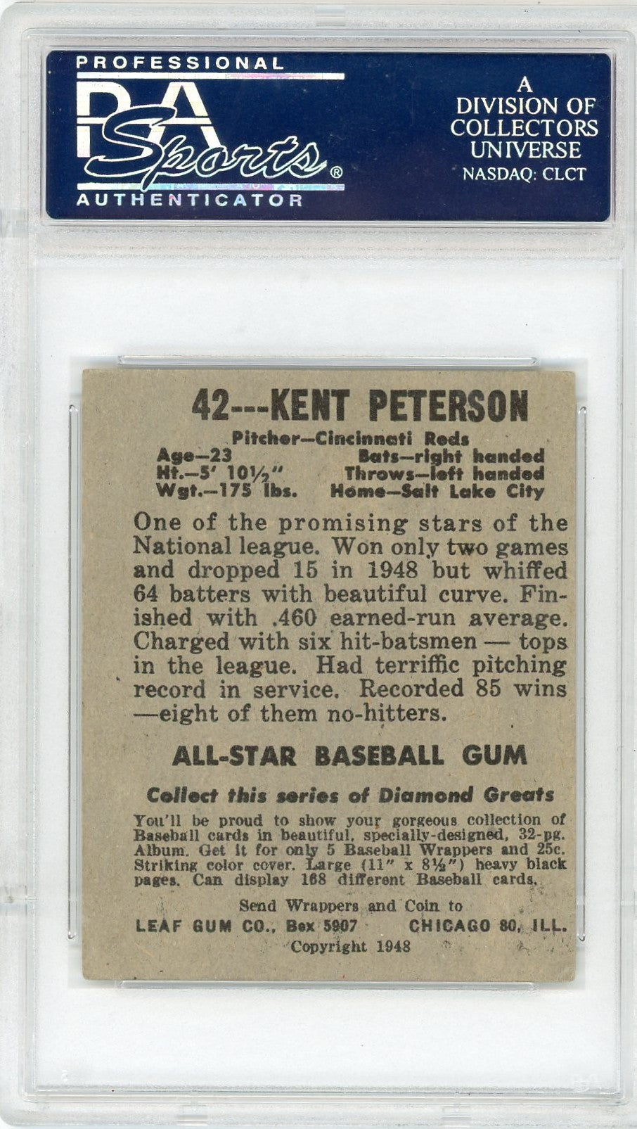 1948 Leaf Kent Peterson #42 Red Cap PSA 4