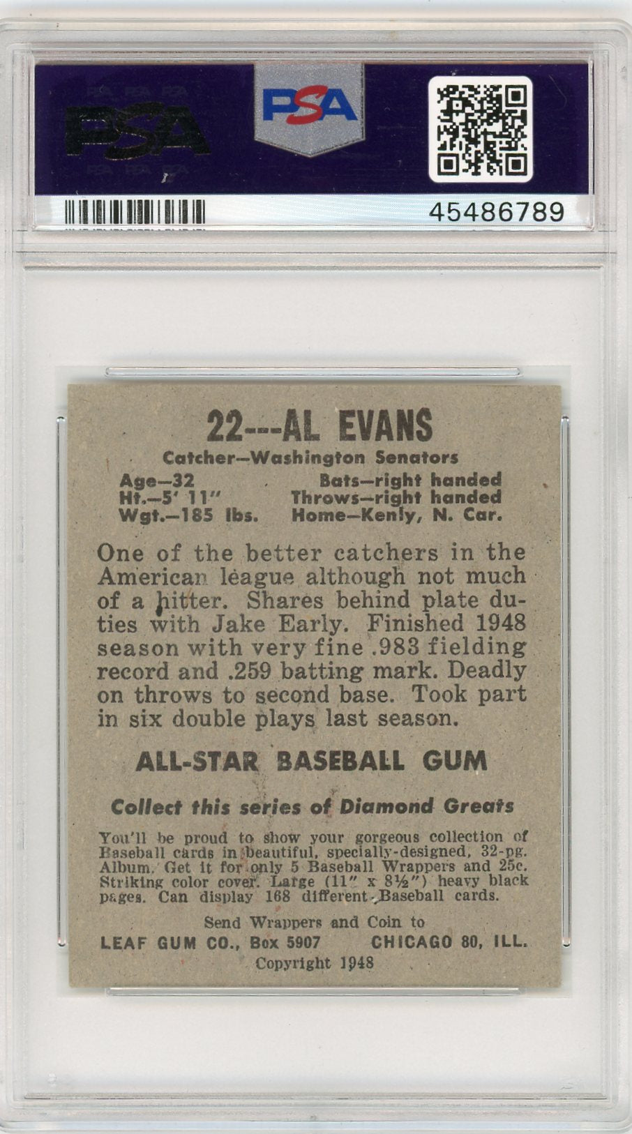 1948 Leaf Al Evans #22 PSA 5.5