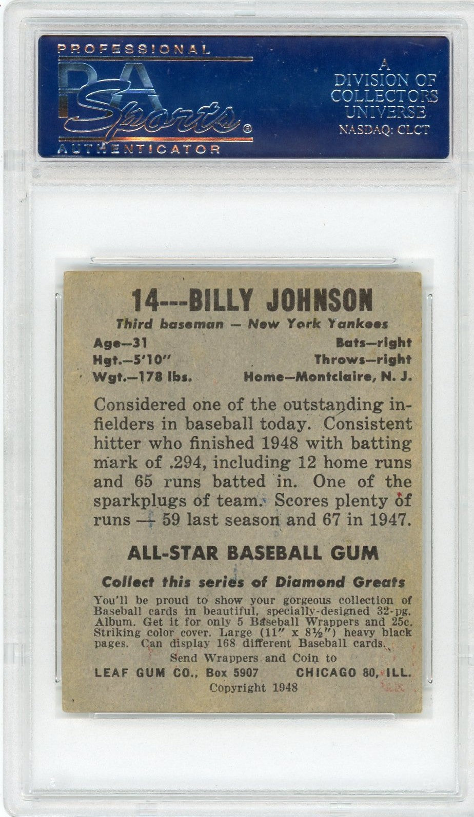 1948 Leaf Billy Johnson #14 PSA 5