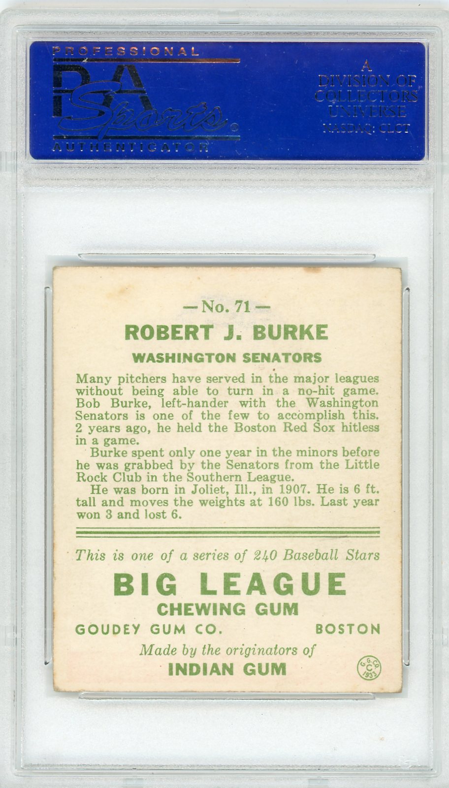 1933 Goudey Robert J. Burke #71 PSA 4