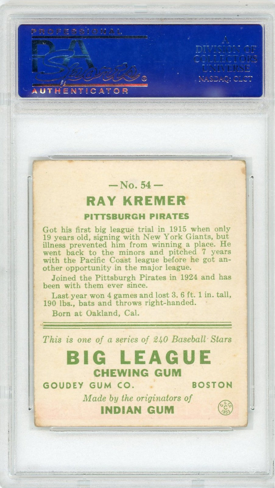 1933 Goudey Ray Kremer #54 PSA 4