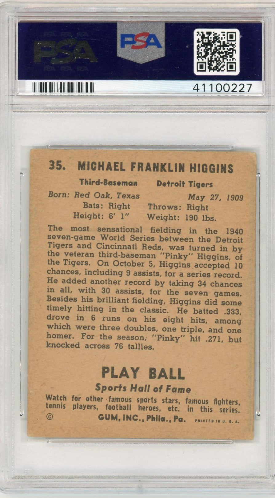 1941 Play Ball Pinky Higgins #35 PSA 4