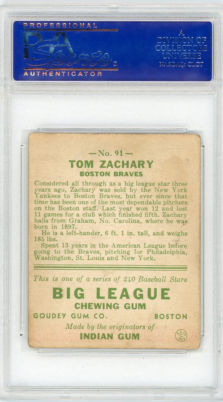 1933 Goudey Tom Zachary #91 PSA 4