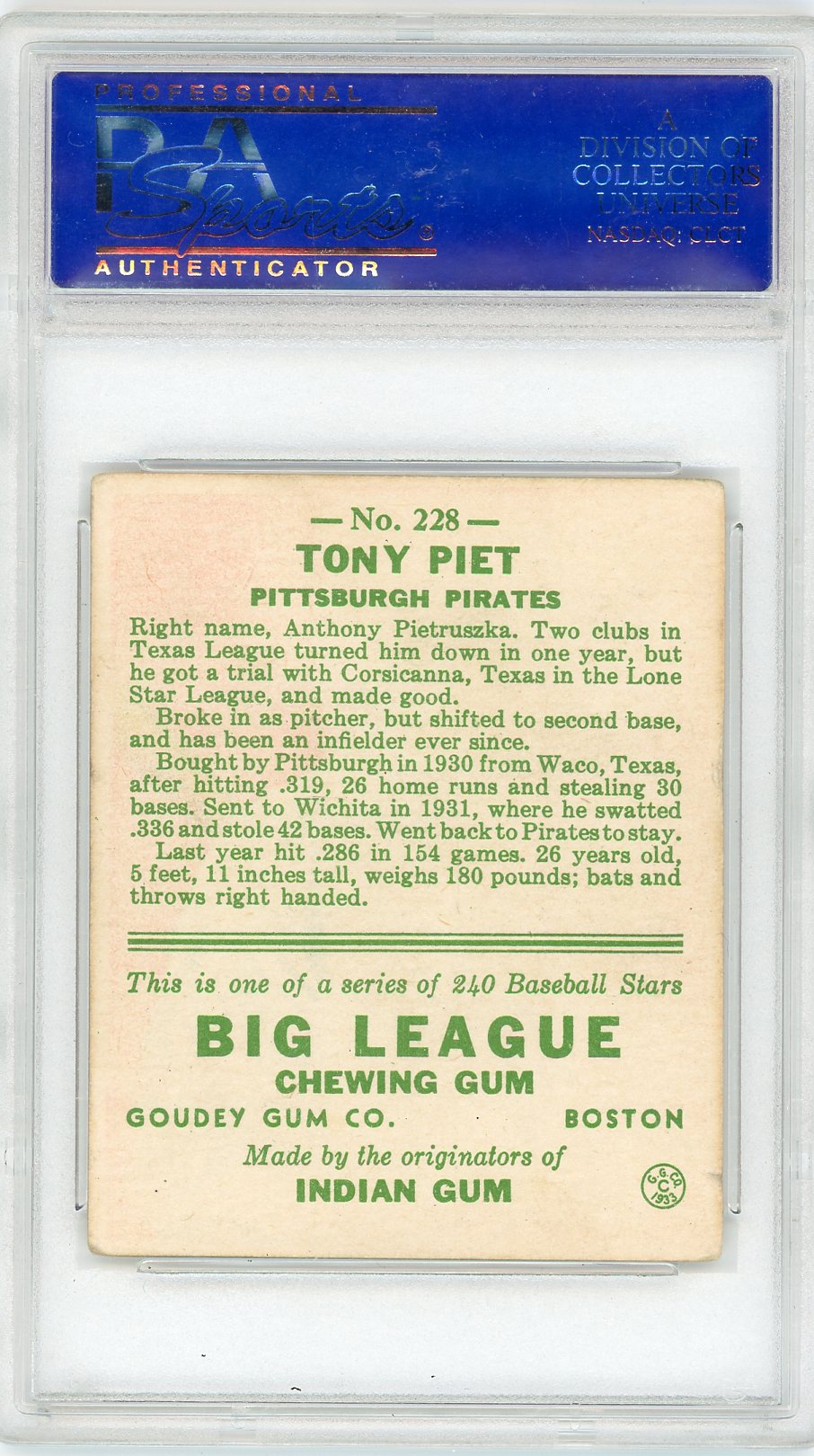 1933 Goudey Tony Piet #228 PSA 3
