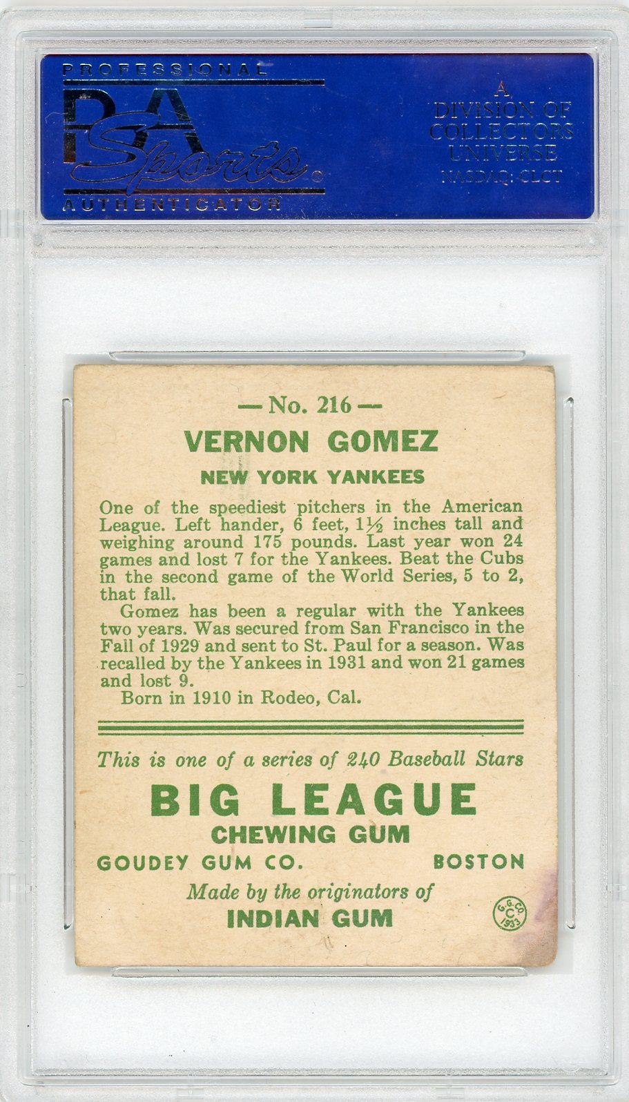 1933 Goudey Vernon Gomez #216 PSA 3