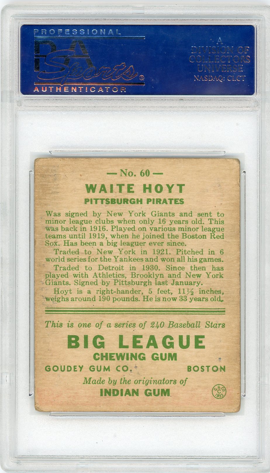 1933 Goudey Waite Hoyt #60 PSA 4