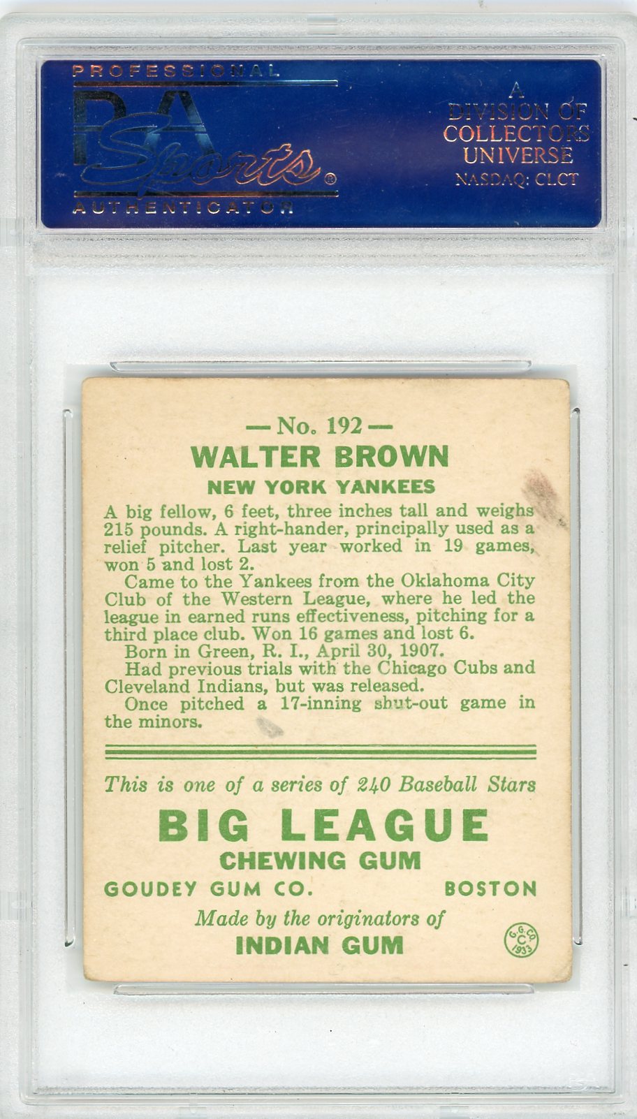 1933 Goudey Walter Brown #192 PSA 4
