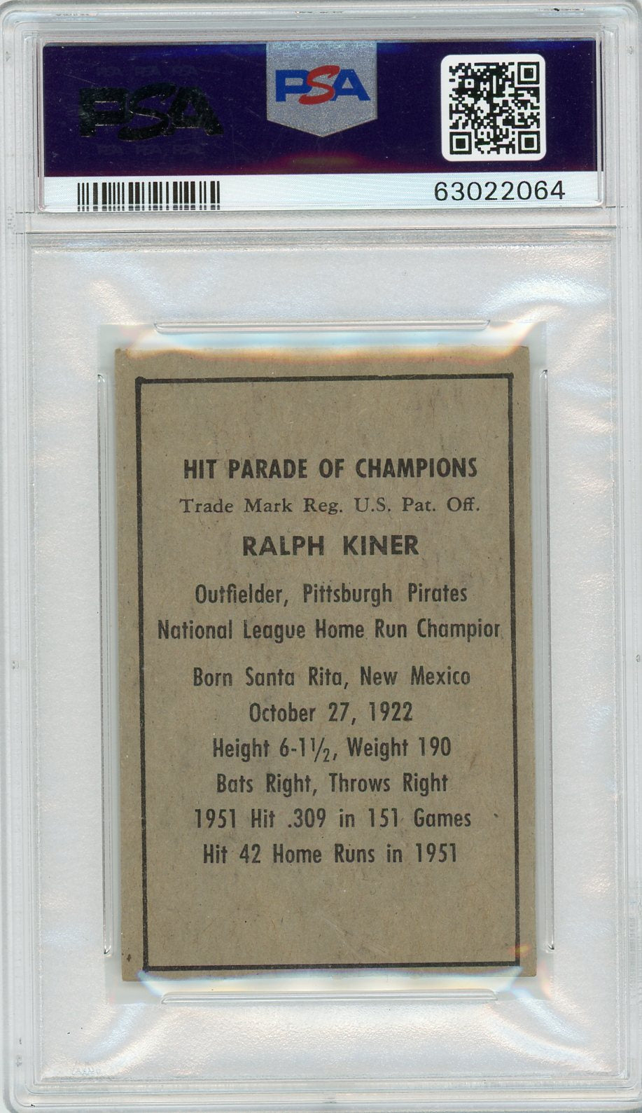 1952 Berk Ross Ralph Kiner PSA 5