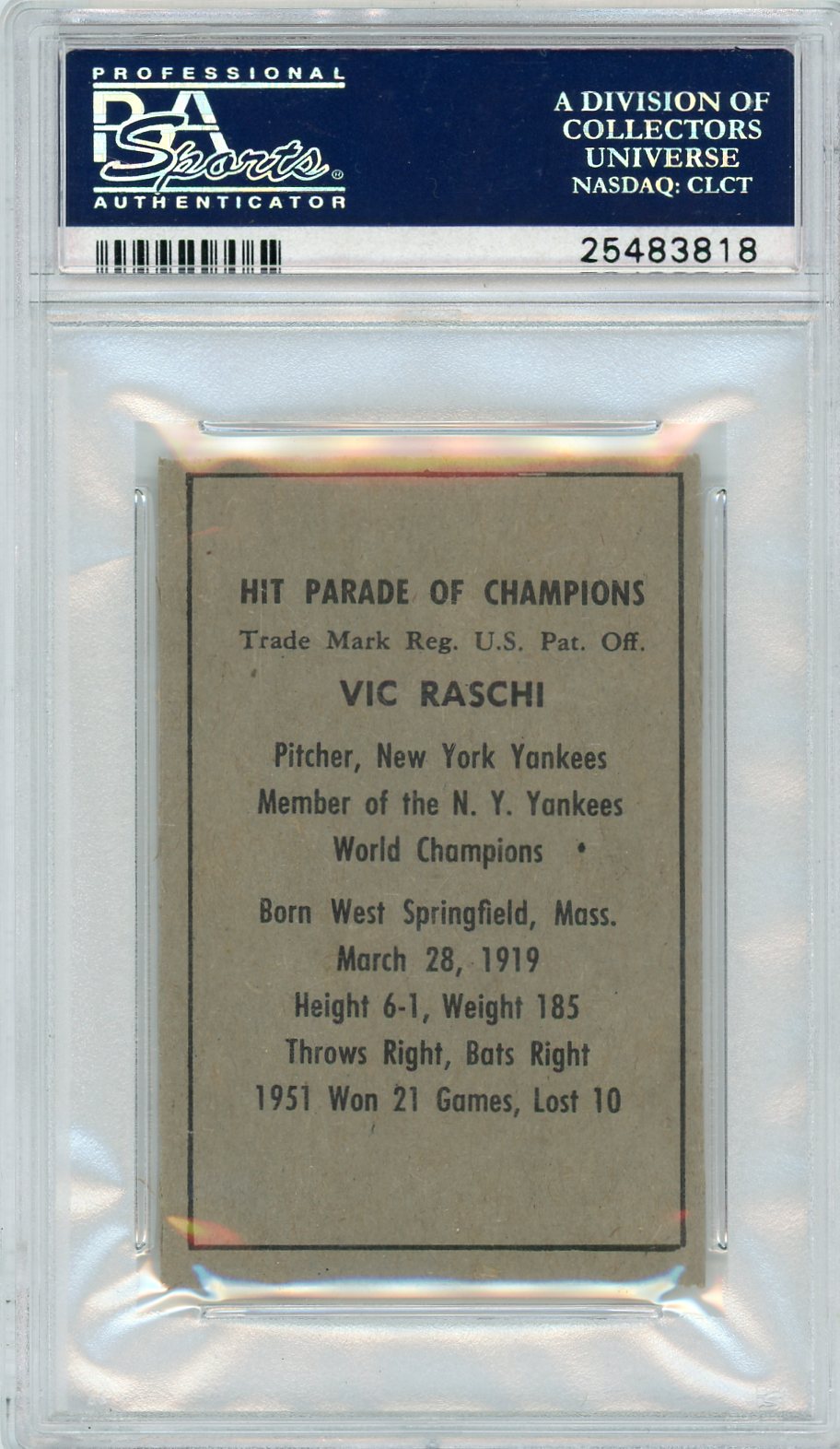1952 Berk Ross Vic Raschi PSA 7