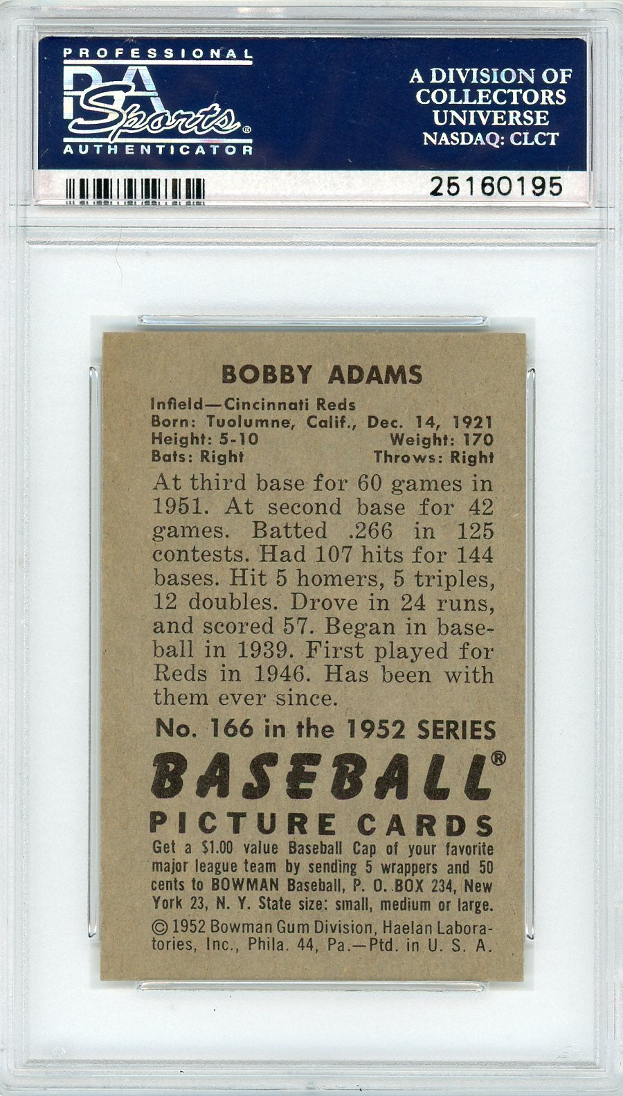 1952 Bowman Bobby Adams #166 PSA 7