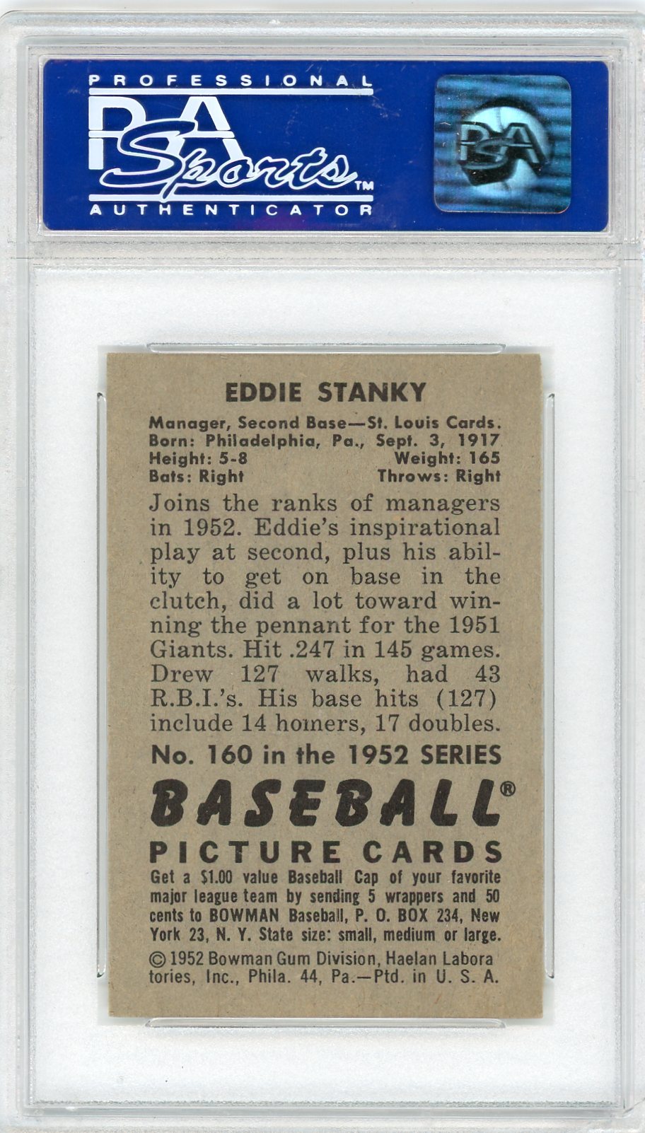 1952 Bowman Eddie Stanky #160 PSA 8