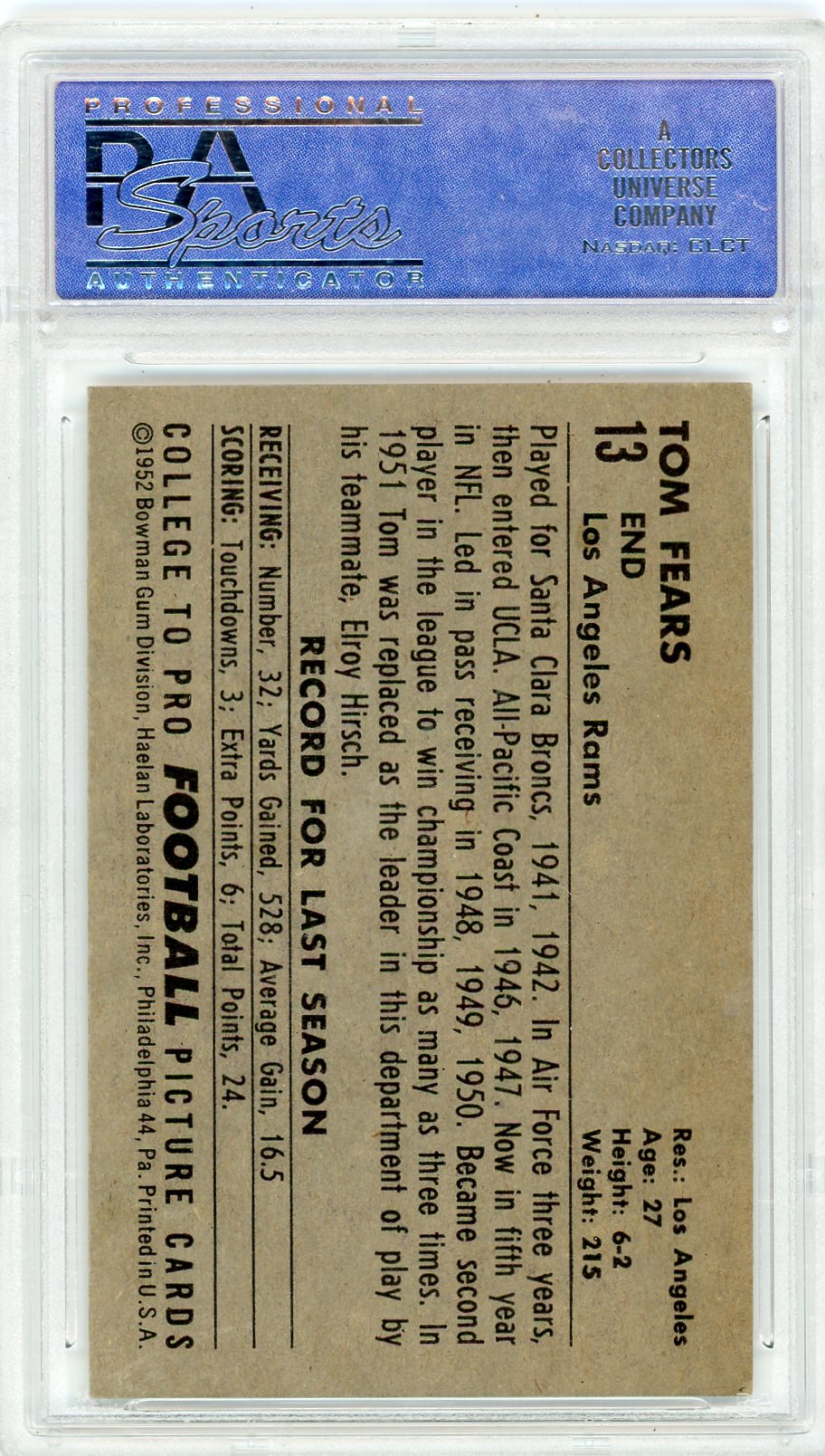 1952 Bowman Large Tom Fears #13 PSA 7