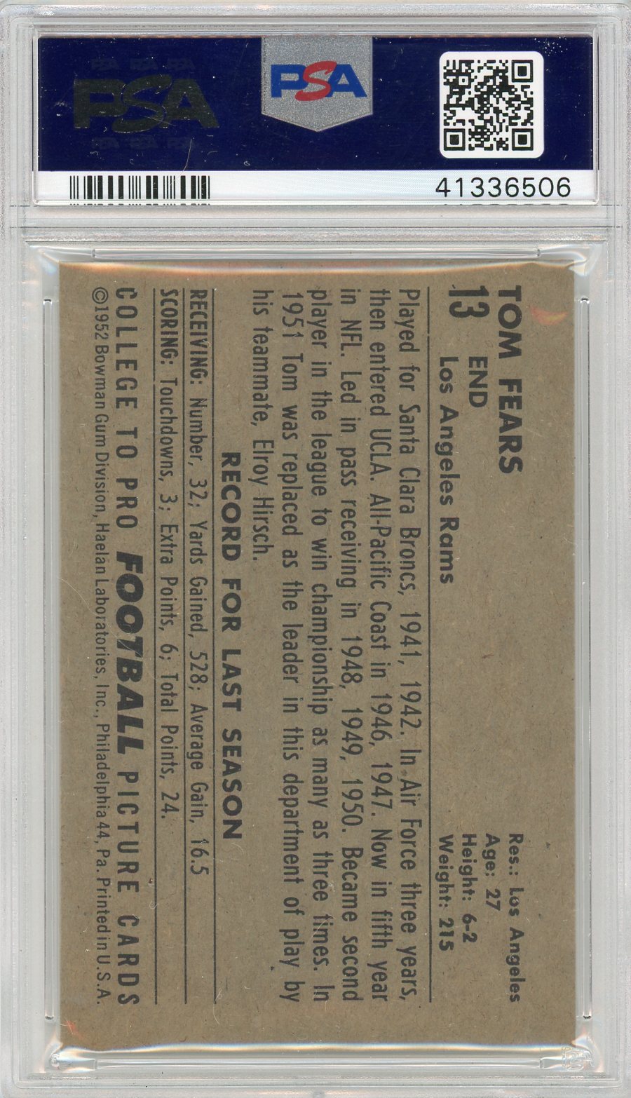 1952 Bowman Large Tom Fears #13 PSA 7