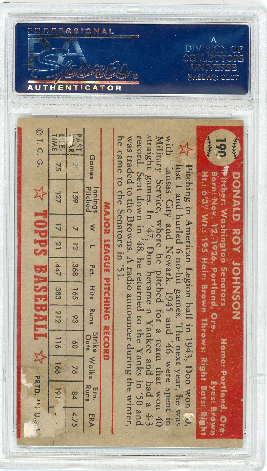 1952 Topps Don Johnson #190 Gray Back PSA 1.5 MC