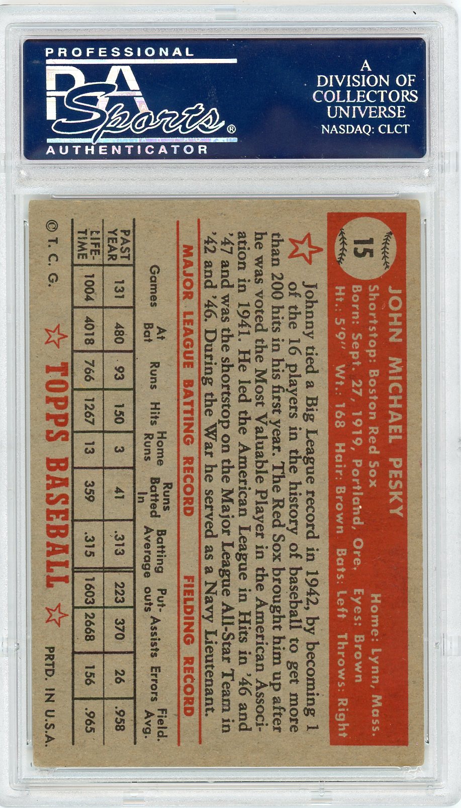 1952 Topps Johnny Pesky #15 PSA 4