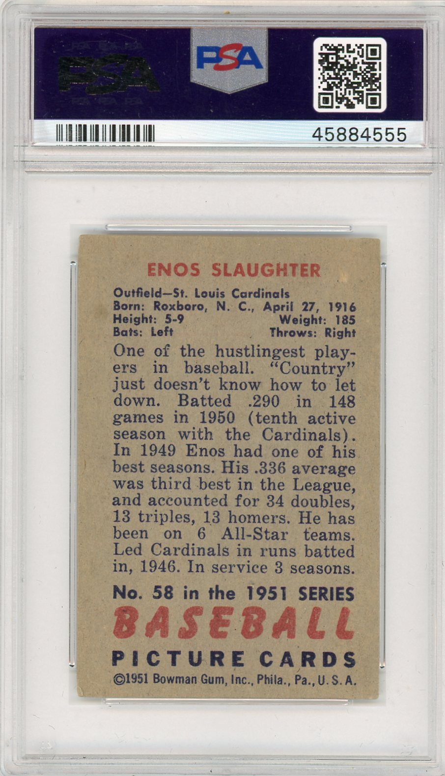1951 Bowman Enos Slaughter #58 PSA 5.5