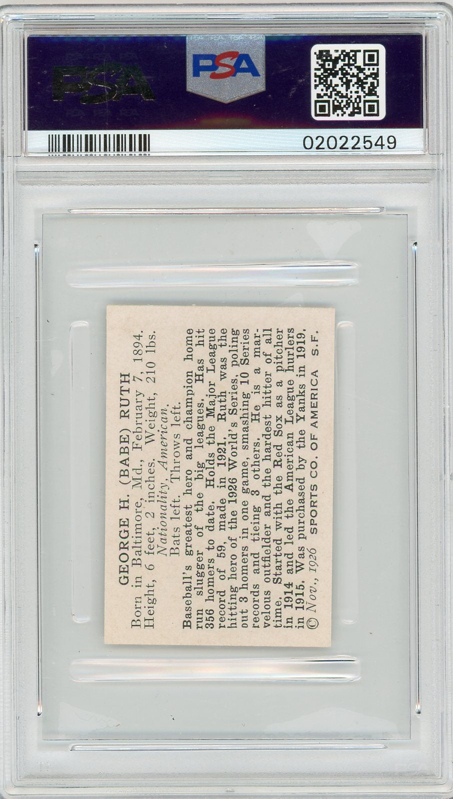 1926 Spalding Champions Babe Ruth Baseball 1926 Copyright PSA 9