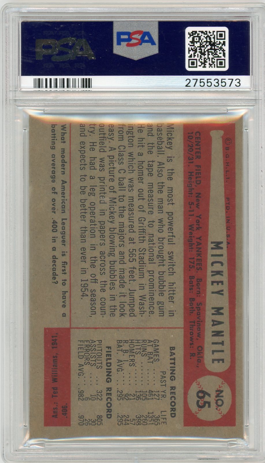 1954 Bowman Mickey Mantle #65 PSA 6