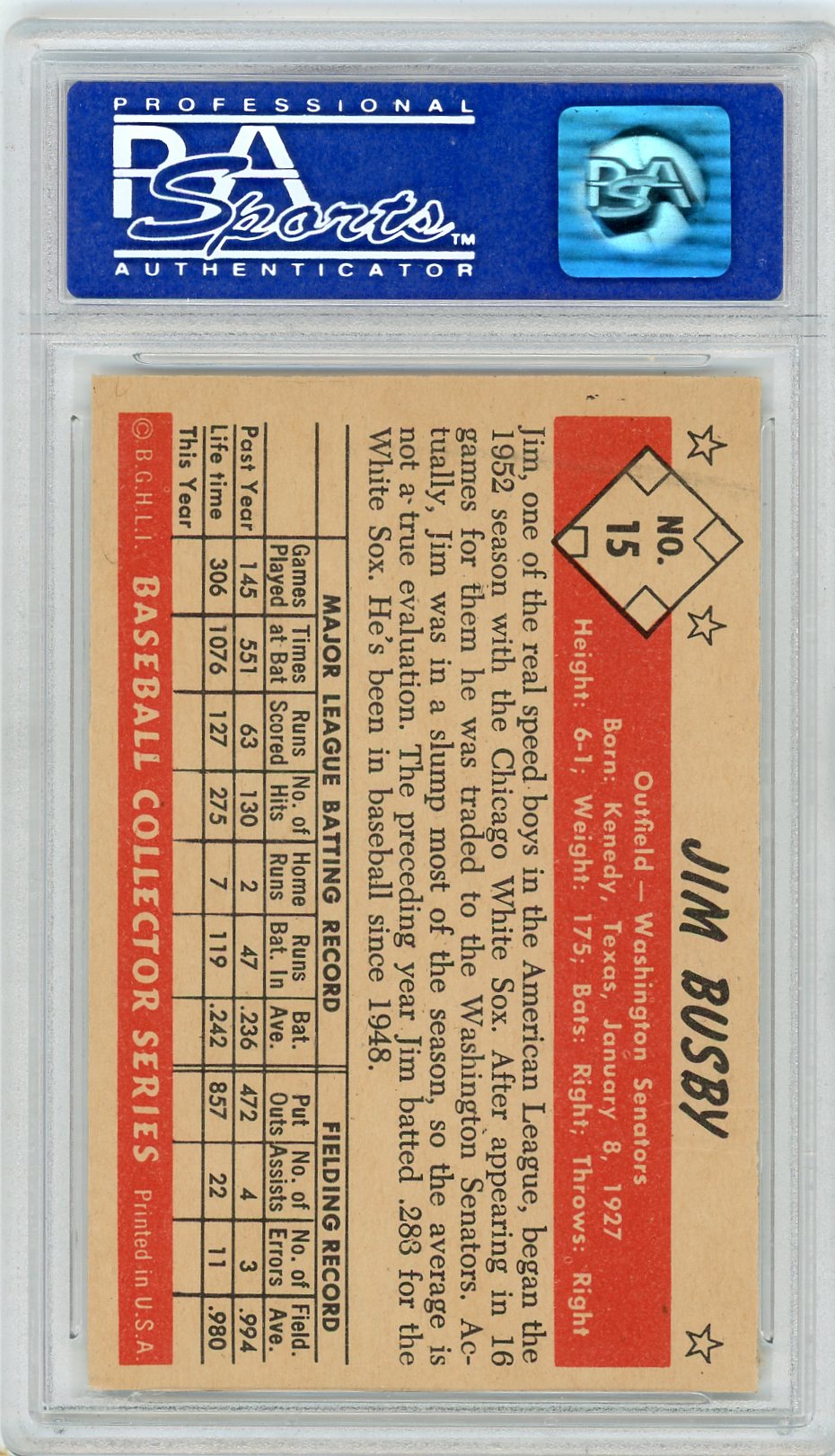 1953 Bowman Color Jim Busby #15 PSA 8