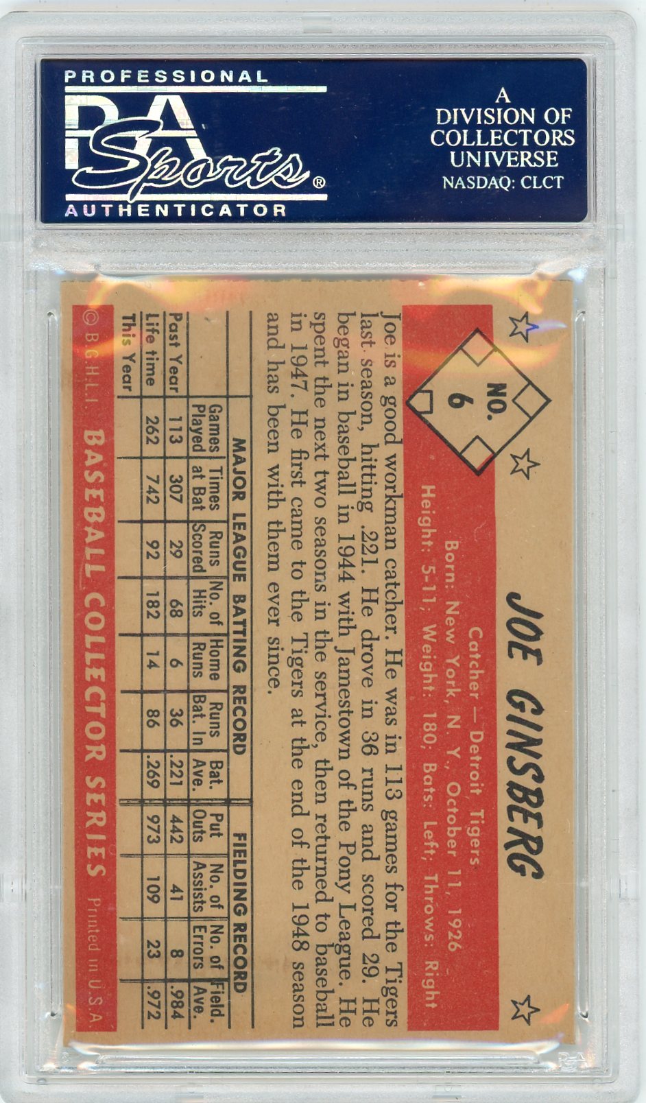 1953 Bowman Color Joe Ginsberg #6 PSA 8