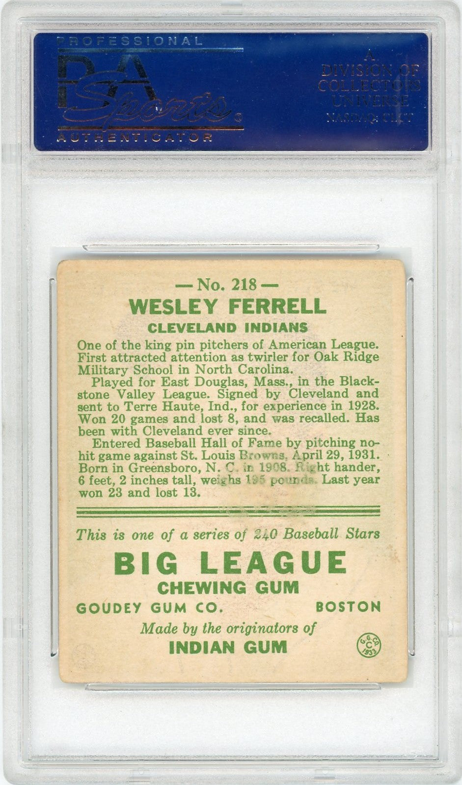 1933 Goudey Wesley Ferrell #218 PSA 4