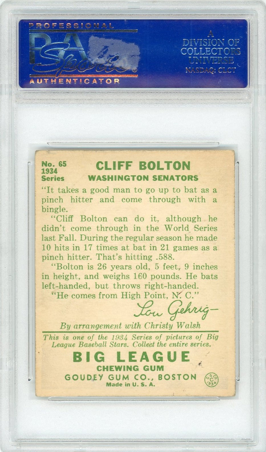 1934 Goudey Cliff Bolton #65 PSA 5