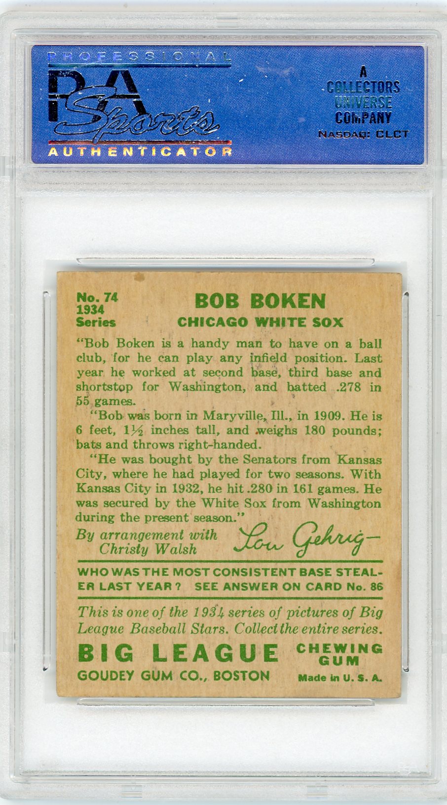 1934 Goudey Bob Boken #74 PSA 5