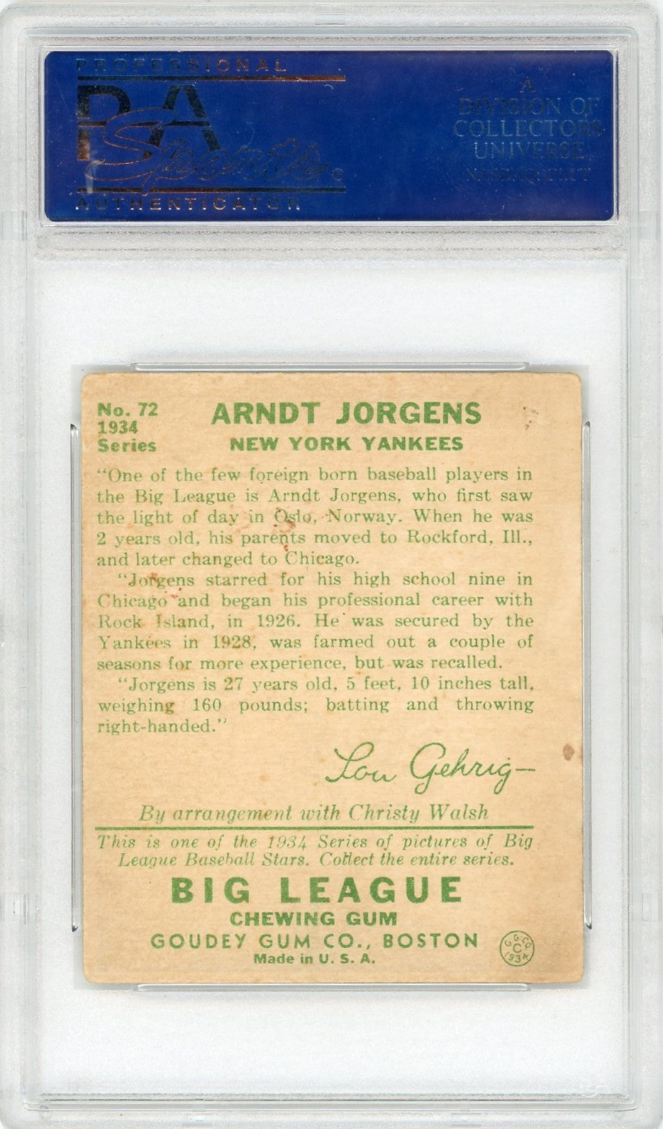 1934 Goudey Arndt Jorgens #72 PSA 5