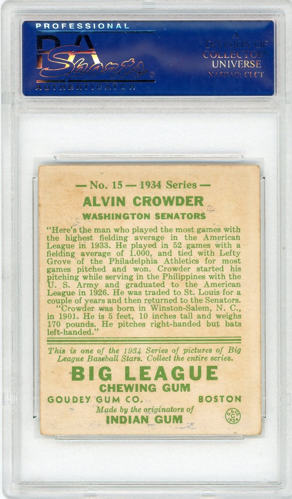 1934 Goudey Alvin Crowder #15 PSA 5