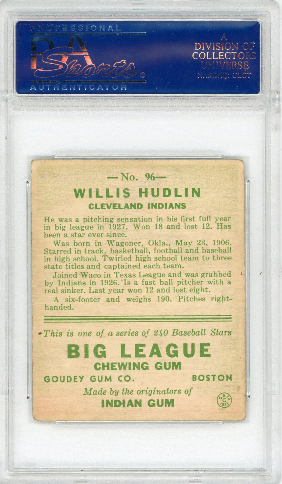 1933 Goudey Willis Hudlin #96 PSA 3