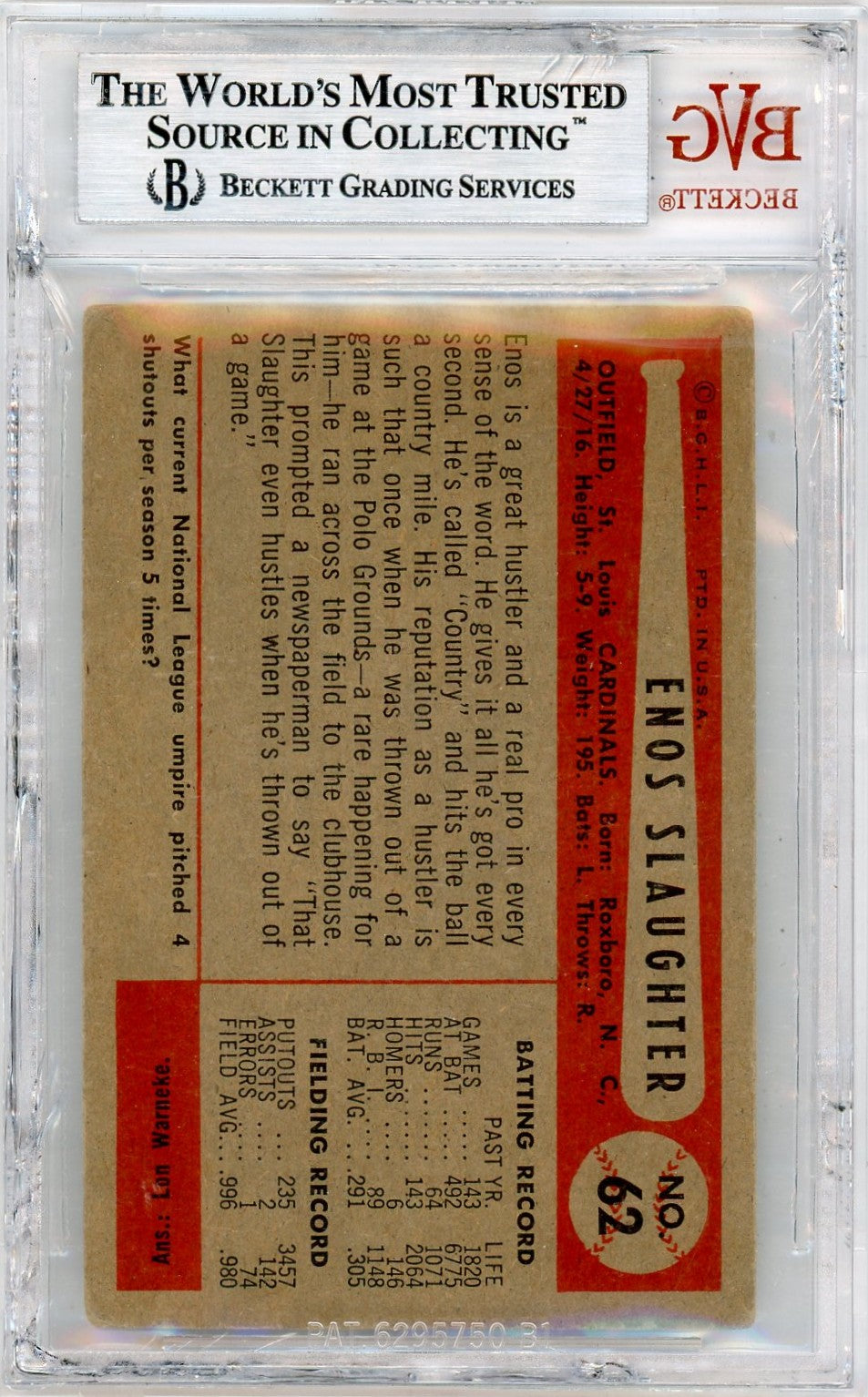 1954 Bowman Enos Slaughter #62 BVG Authentic BAS Auto Authentic