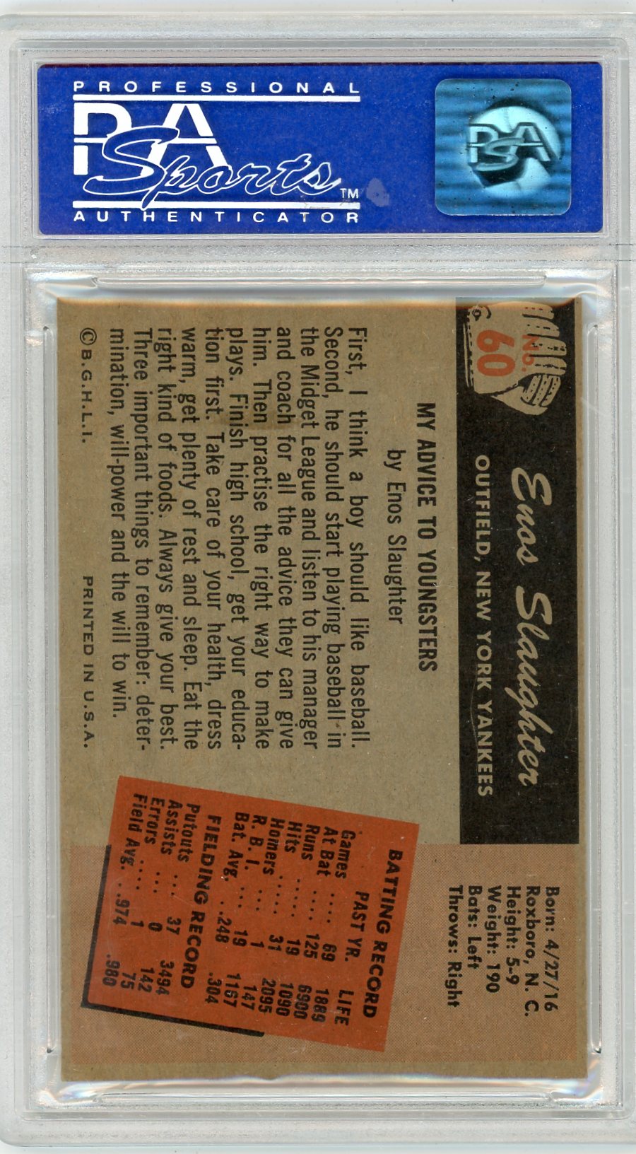 1955 Bowman Enos Slaughter #60 PSA 8