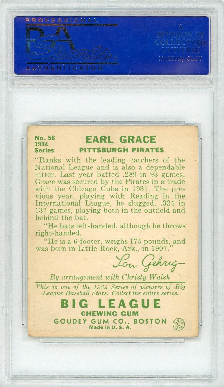 1934 Goudey Earl Grace #58 PSA 5