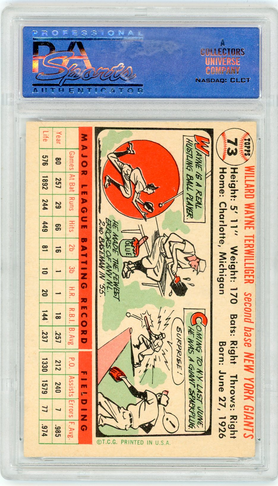1956 Topps Wayne Terwilliger #73 White Back PSA 8