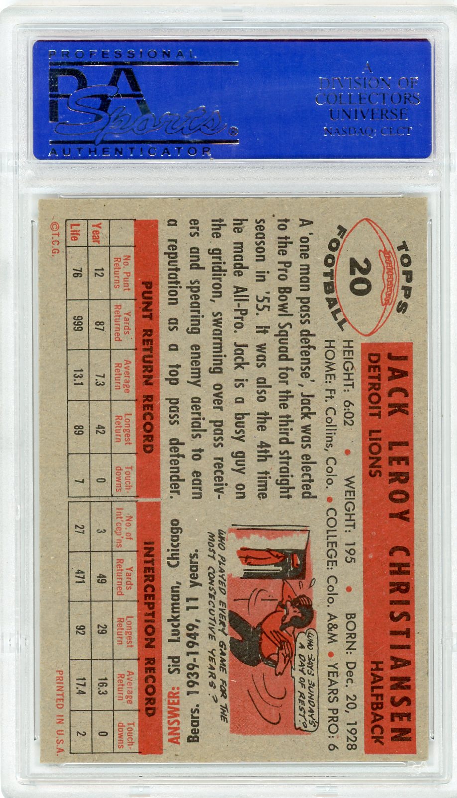 1956 Topps Jack Christiansen #20 PSA 8