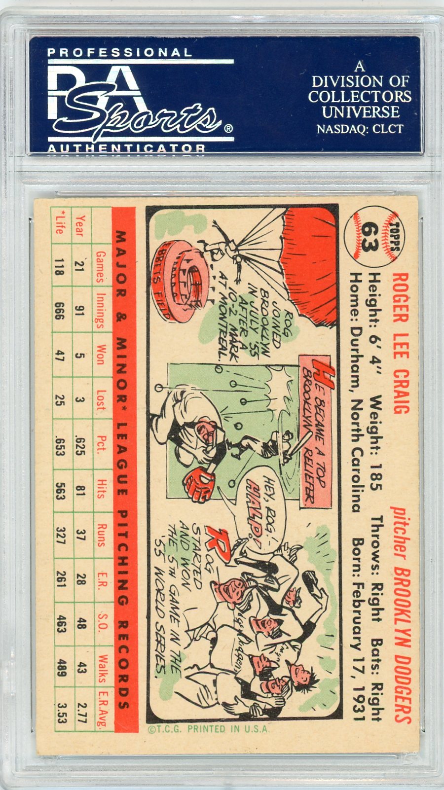 1956 Topps Roger Craig #63 White Back PSA 7