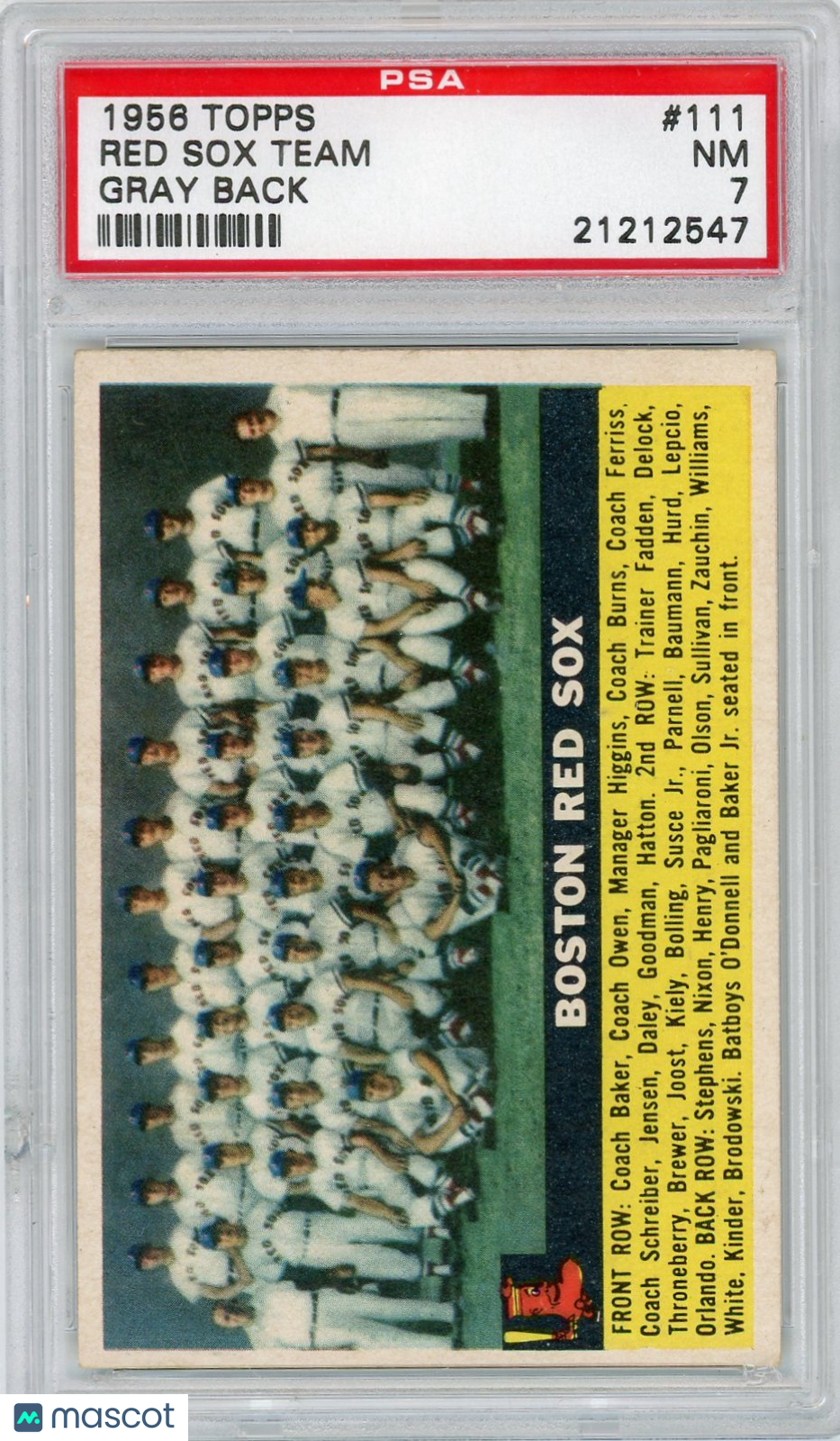 1956 Topps Red Sox Team #111 Gray Back PSA 7