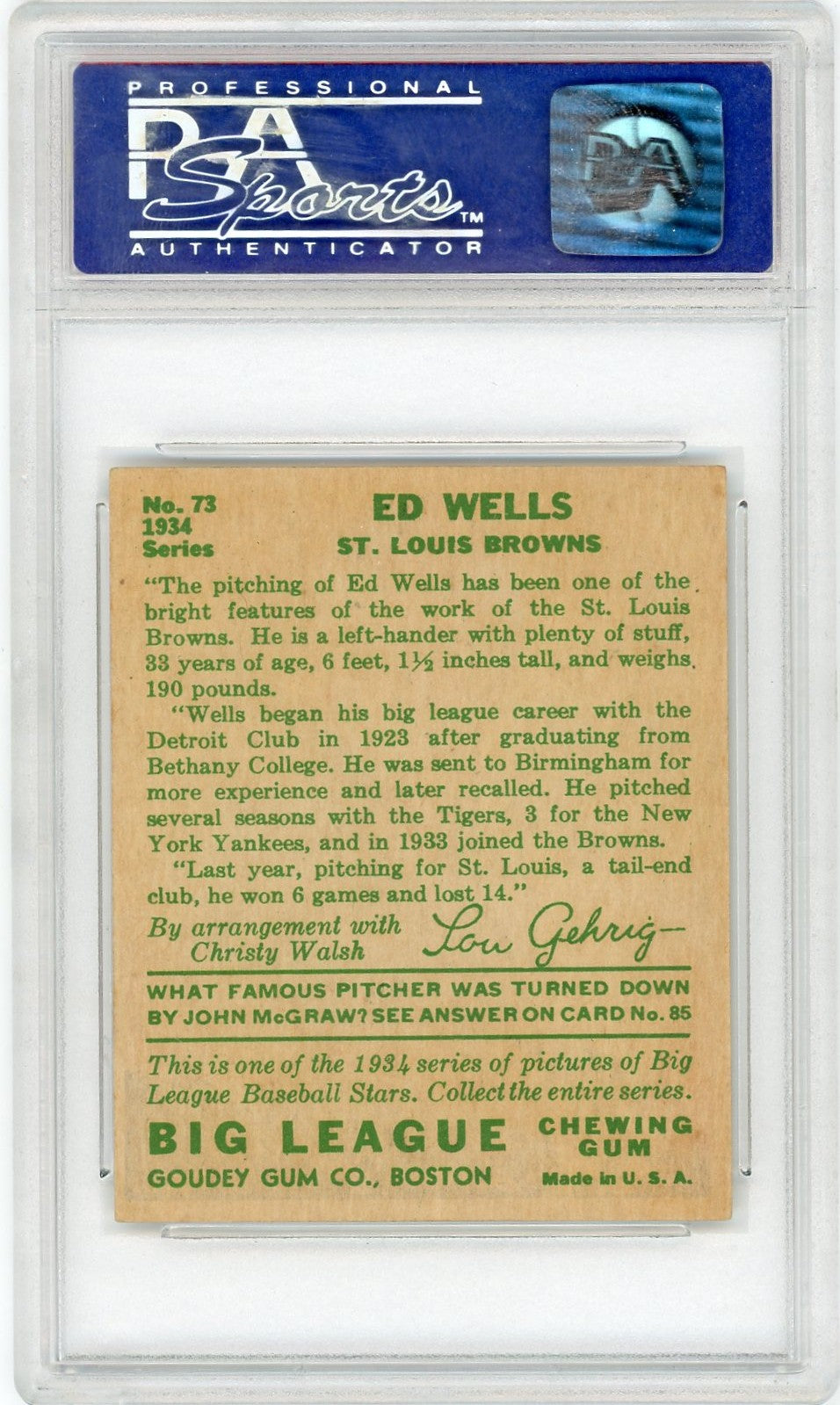 1934 Goudey Ed Wells #73 PSA 6