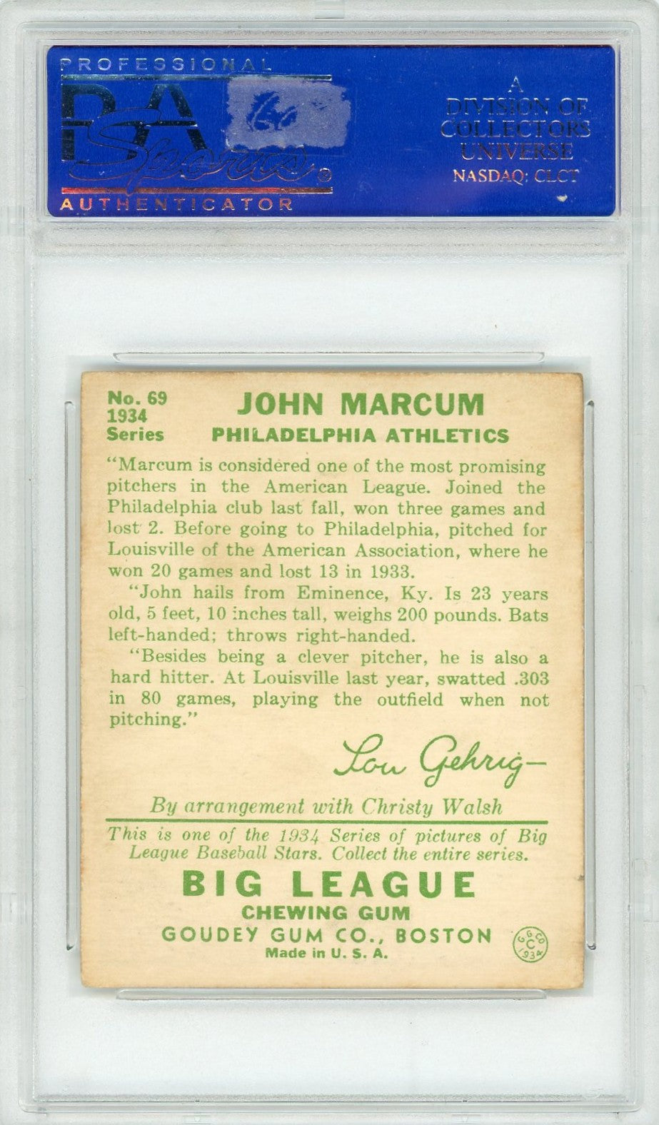 1934 Goudey John Marcum #69 PSA 5