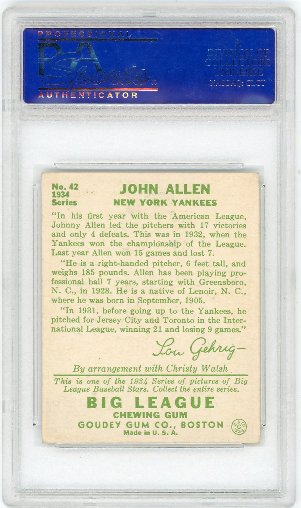 1934 Goudey John Allen #42 PSA 5