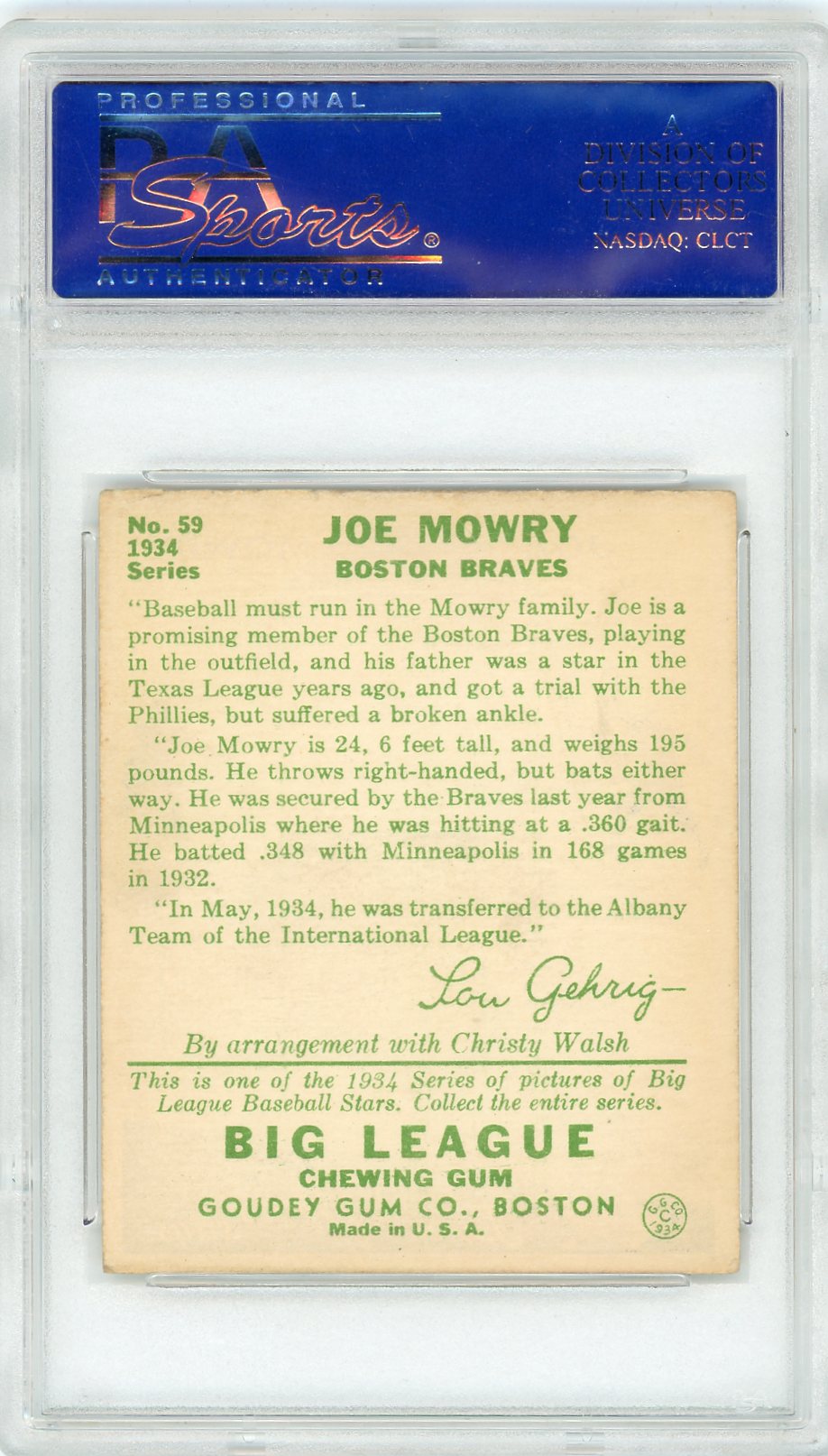 1934 Goudey Joe Mowry #59 PSA 5