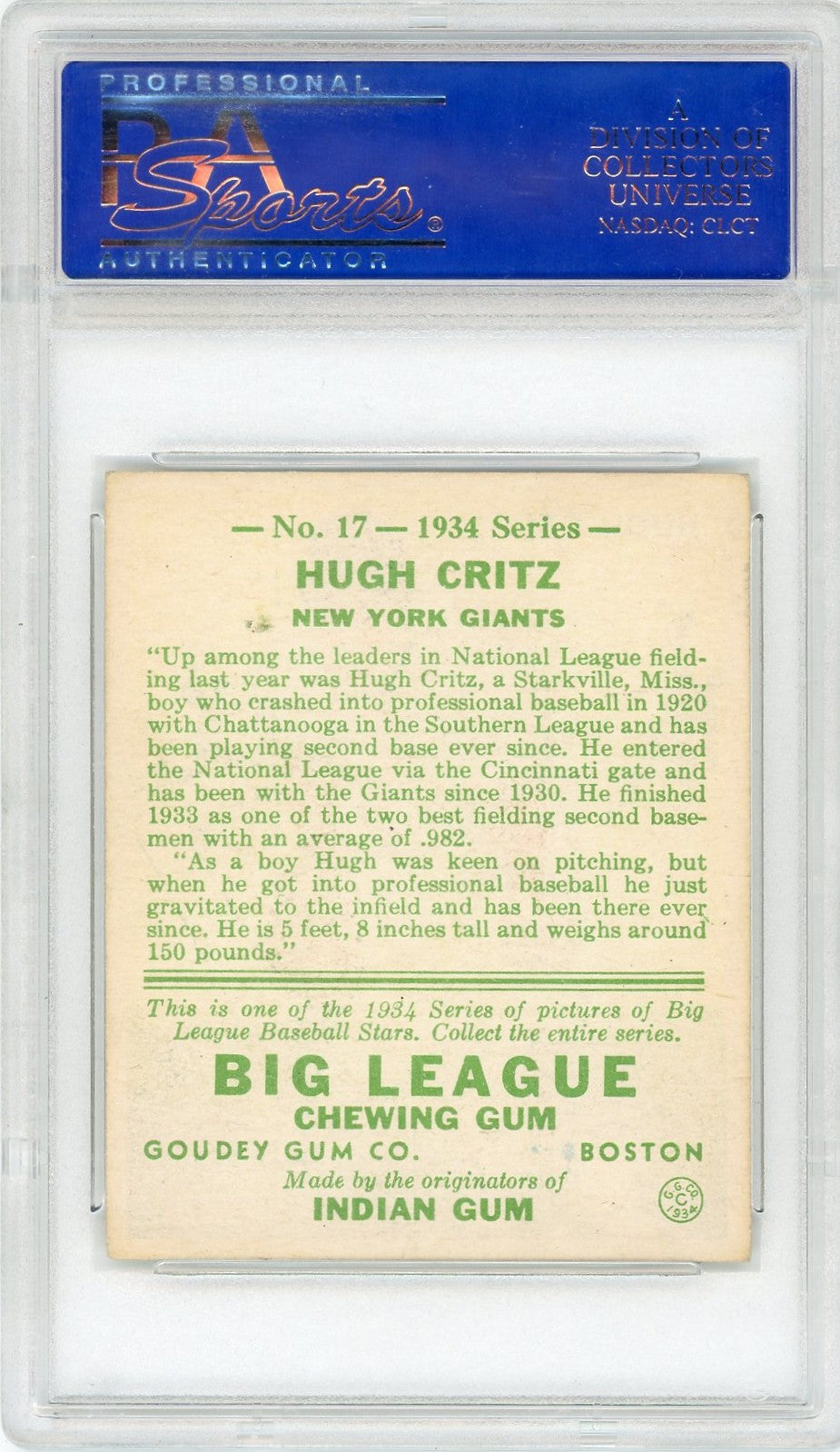 1934 Goudey Hugh Critz #17 PSA 6