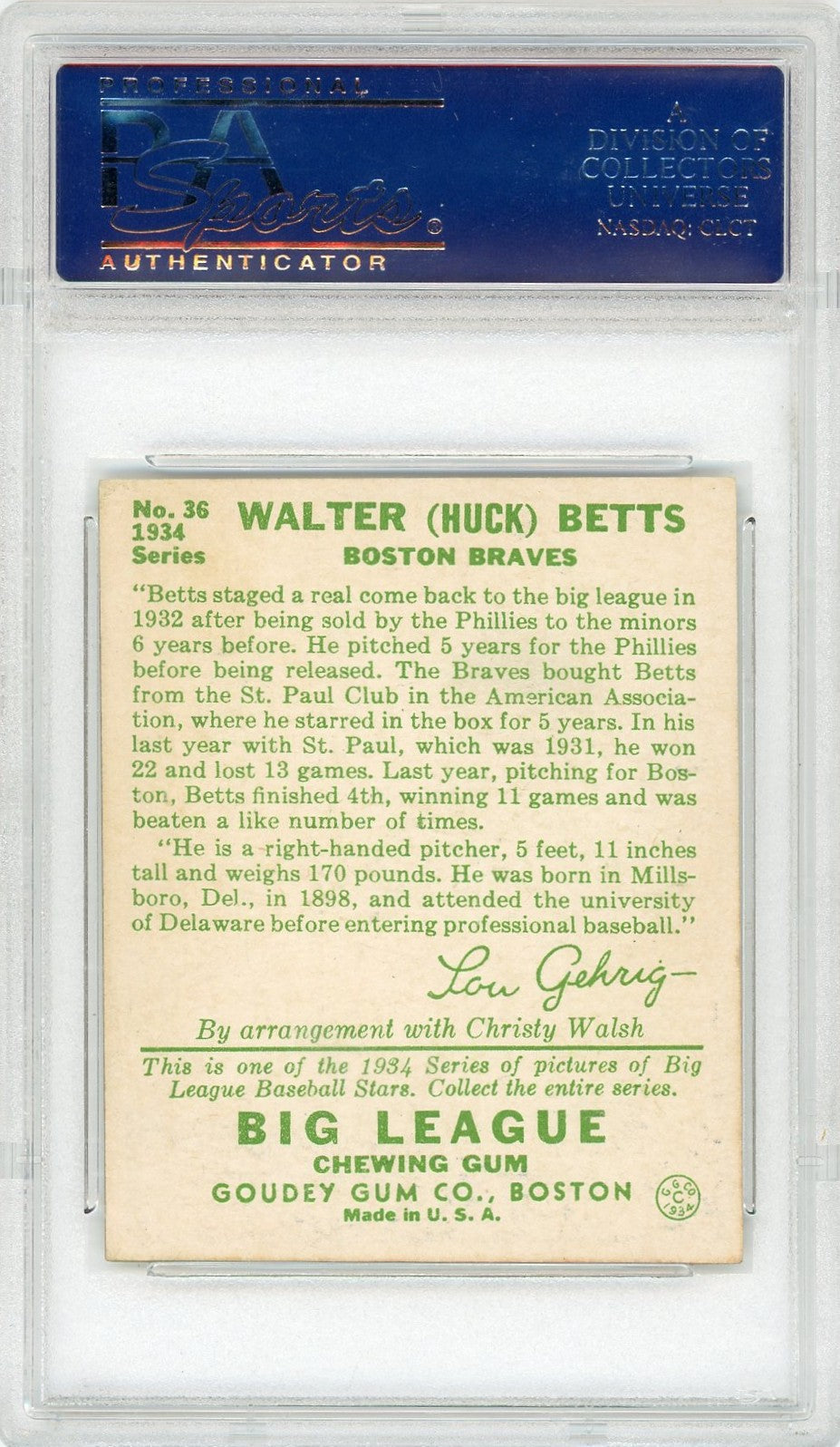 1934 Goudey Huck Betts #36 PSA 5