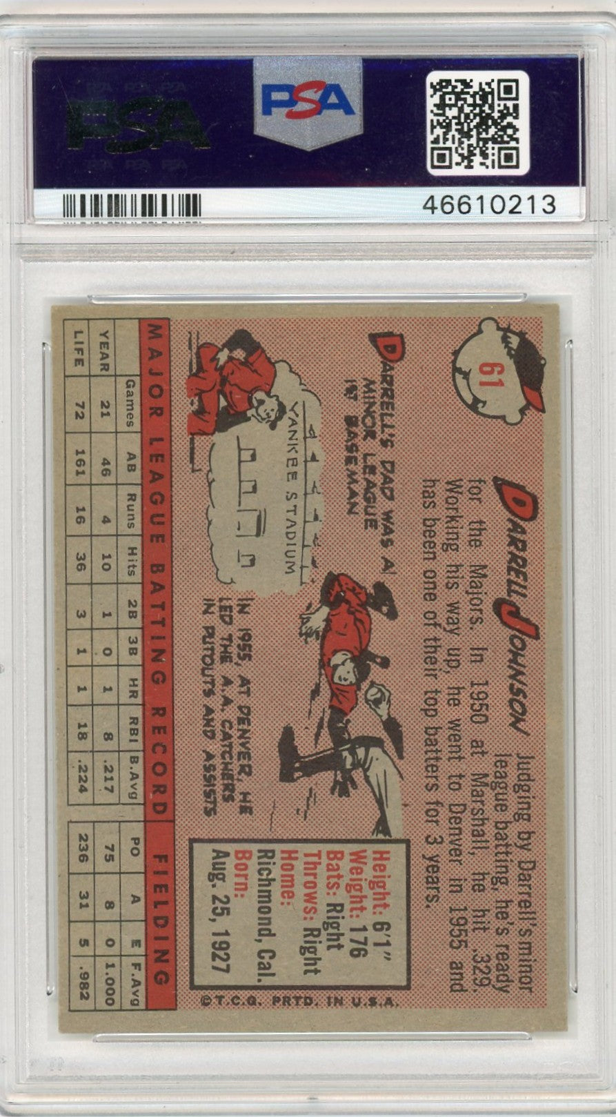 1958 Topps Darrell Johnson #61 White Name PSA 8